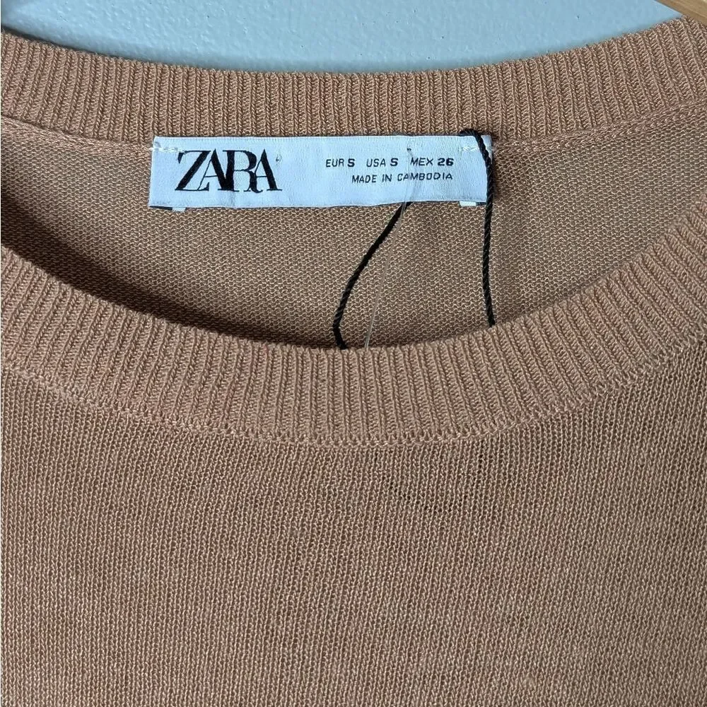 ZARA Tan Linen Blend Boxy Short Sleeve Bandage Wrap Crop Short Sleeve T Shirt S